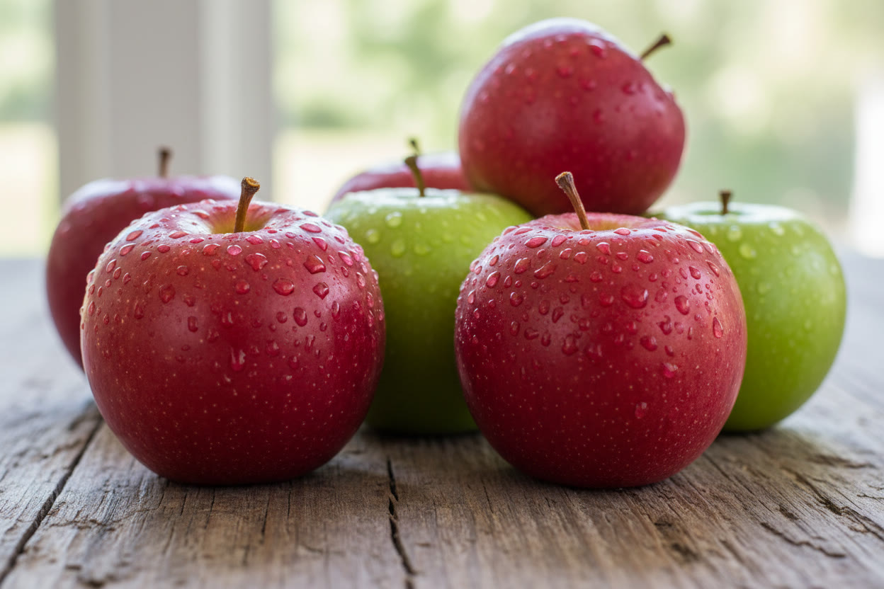 Fresh red and green apples covered in water droplets