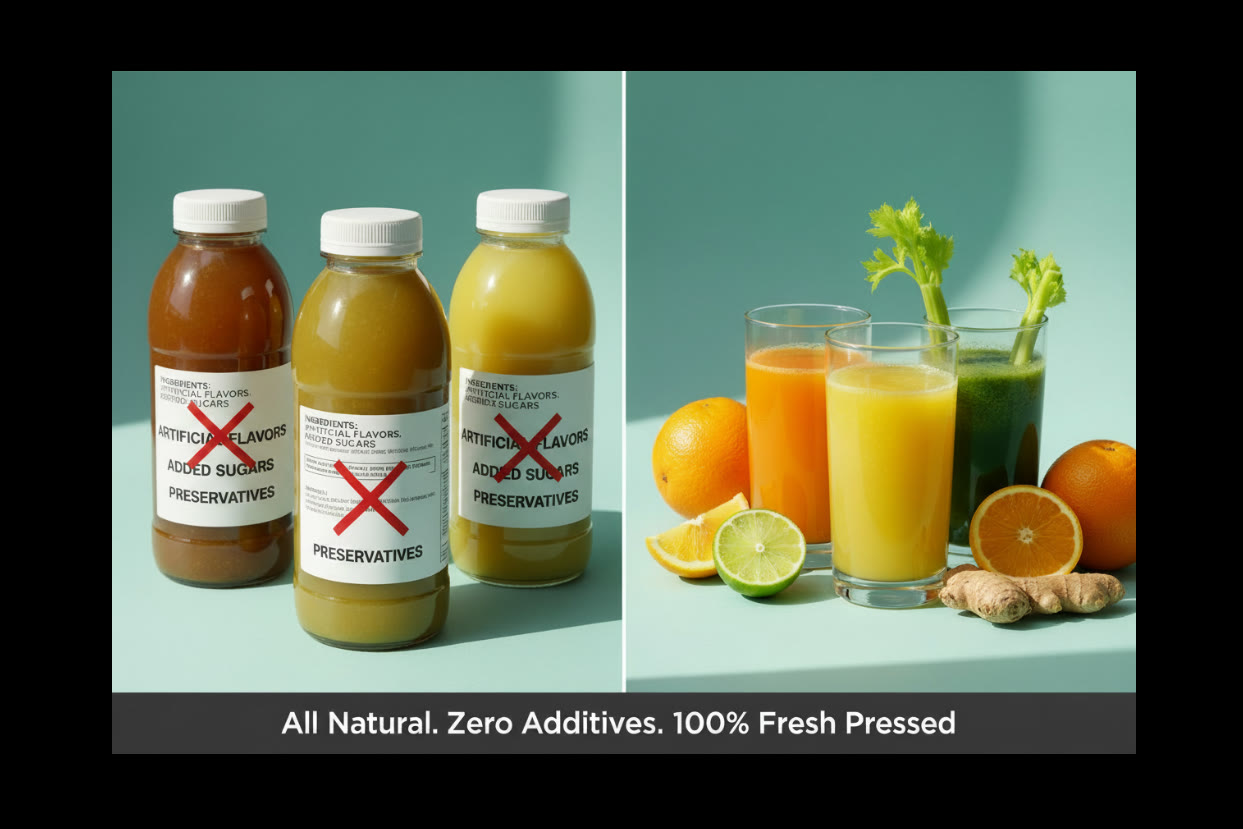 Fresh pressed juices with no additives next to fresh fruit