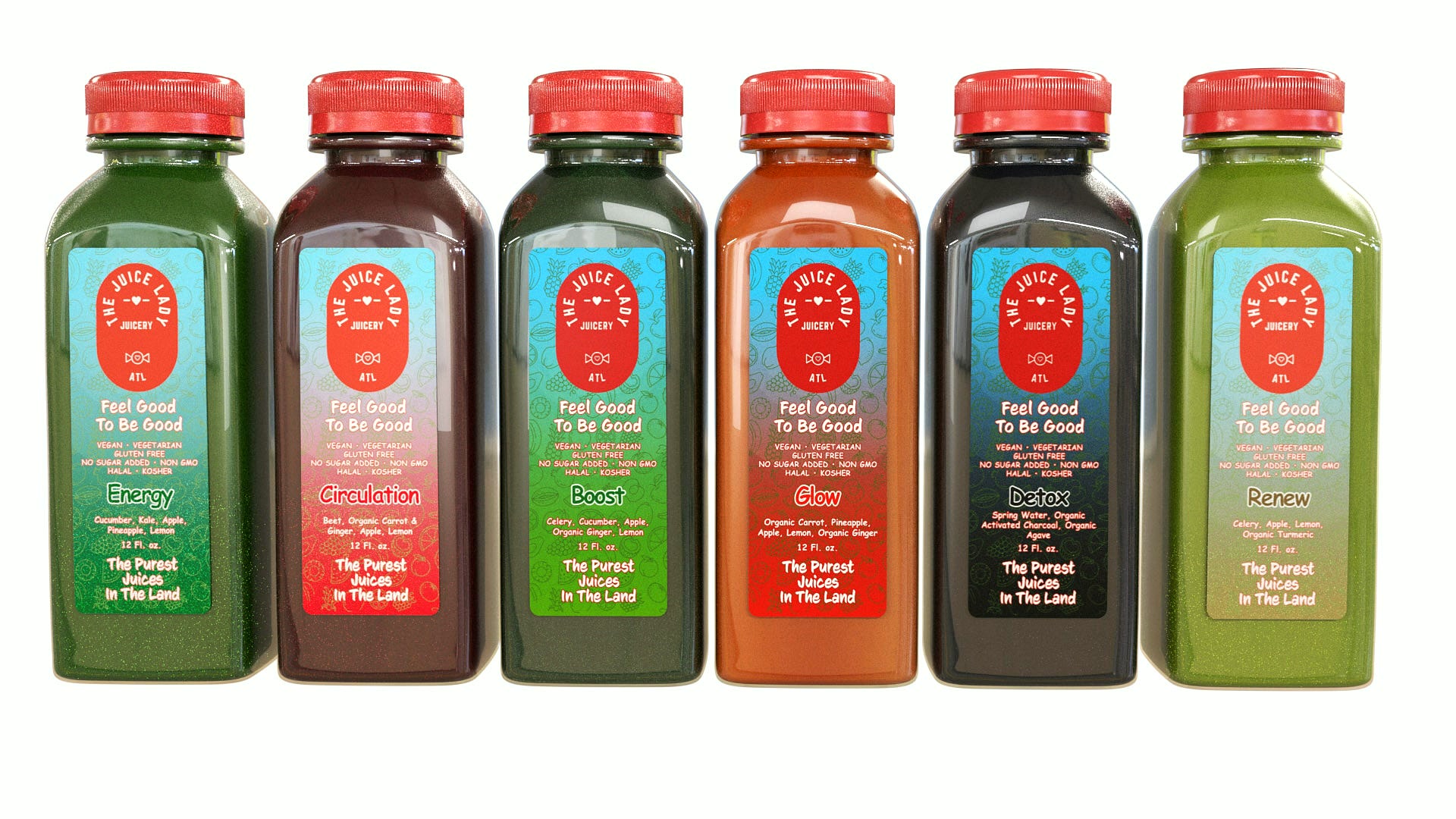 A lineup of six cold-pressed juices from The Juice Lady